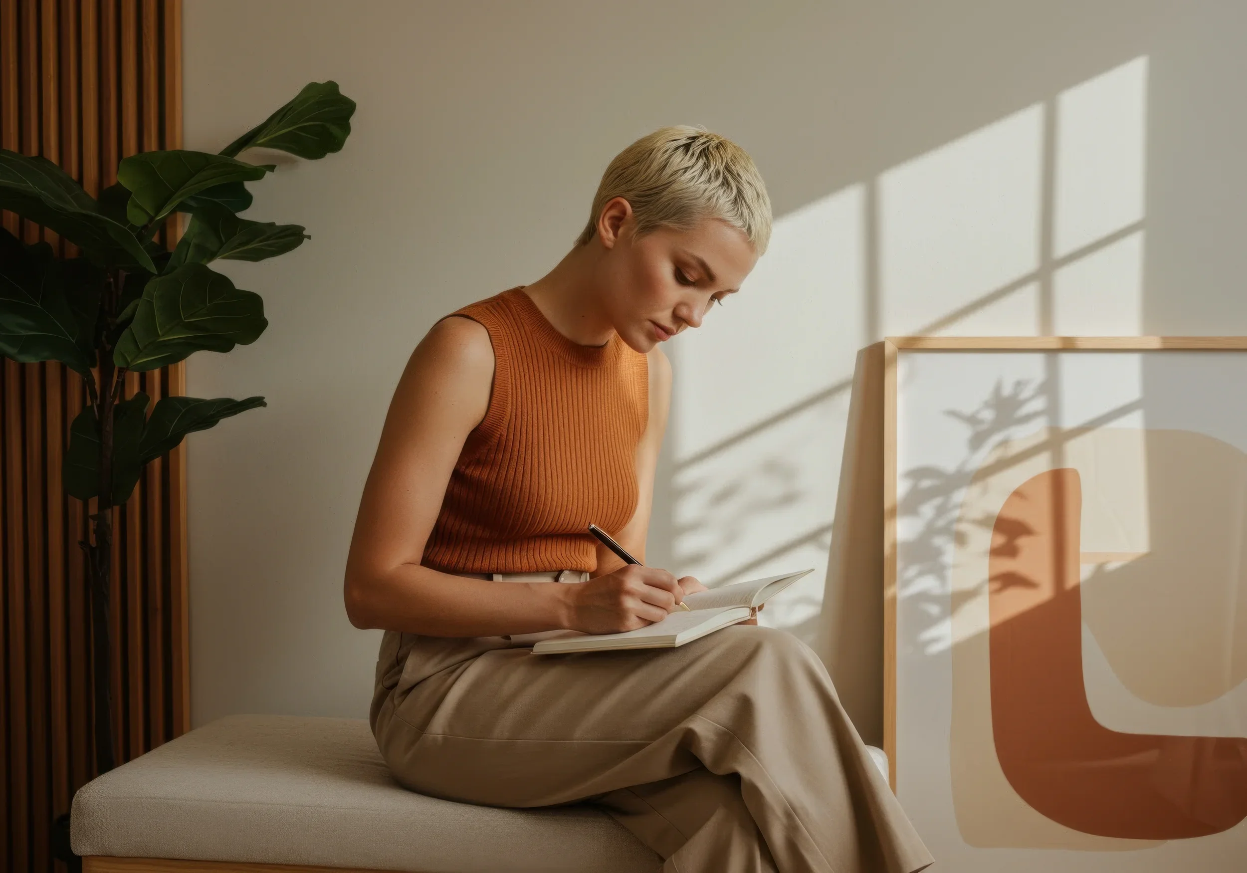 Woman on bench writing